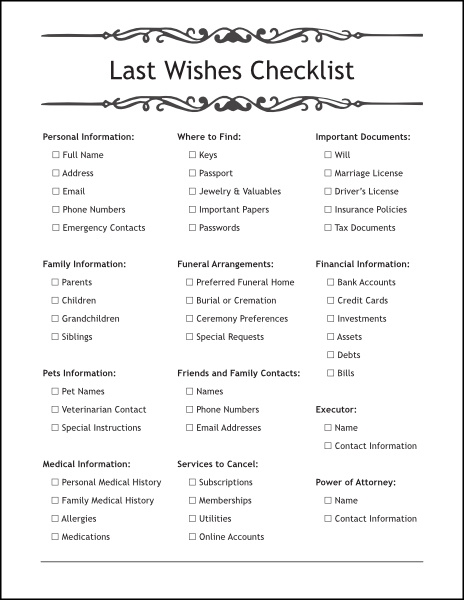 Last Wishes checklist