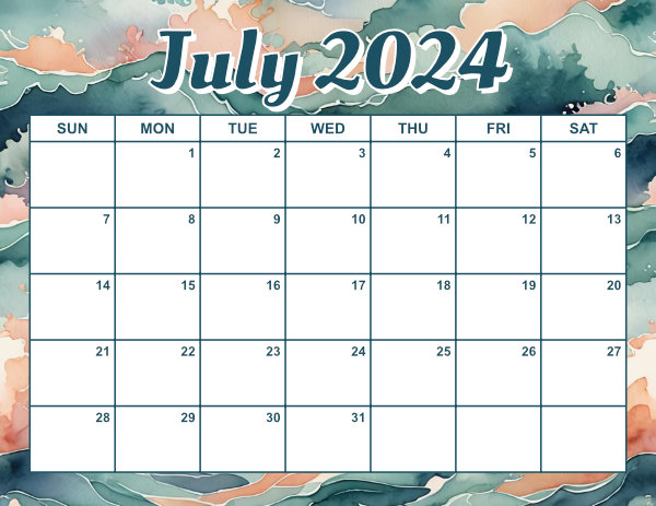 free printable monthly calendar July 2024