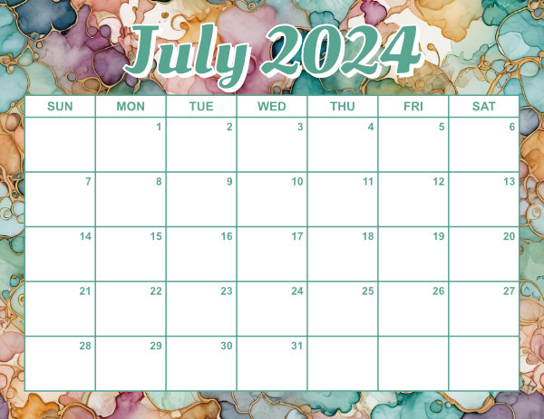 free printable monthly calendar July 2024