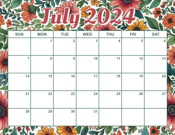 free printable monthly calendar July 2024