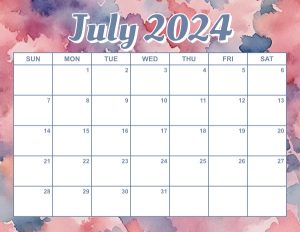 free printable monthly calendar July 2024