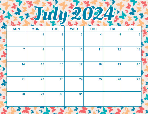 free printable monthly calendar July 2024